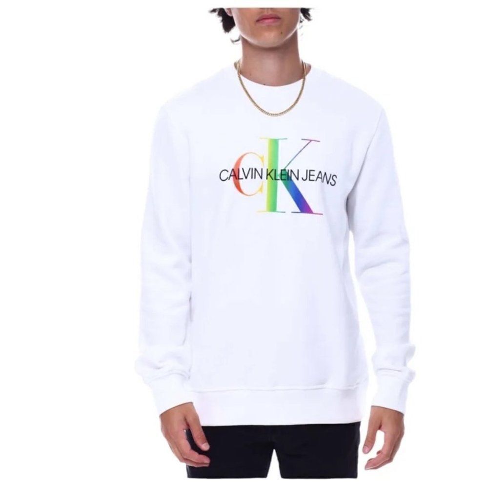 Calvin Klein Rainbow Sweatshirt White RARE Pullover Colorful Bright‎ Fun Logo CK